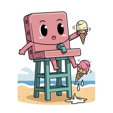 Cute Cartoon Sticker of a pink ice cream box character sitting on a stool at the beach enjoying a cold ice cream cone treat