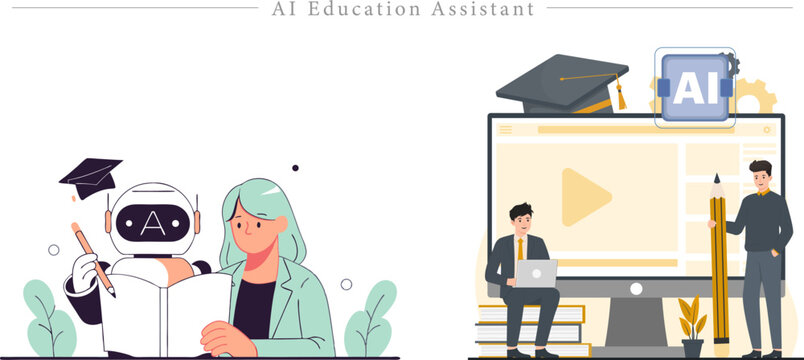 Premium AI Education Assistant Illustration Robot Tutor, Digital Classroom and Personalized Learning Flat Vector