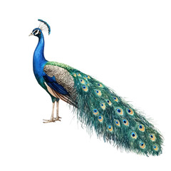 Obraz premium Peacock, illustration watercolor with dynamic strokes and balanced color harmony, isolated on a white background.