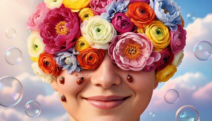 Surreal concept of a smiling woman wearing a vibrant crown of colorful peonies and ranunculus flowers with ladybugs on her face and bubbles in the sky