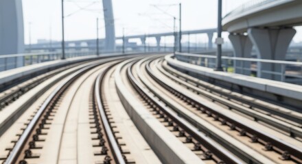 Dynamic perspective of modern metro tracks bending through an elevated city landscape