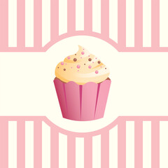 Cute poster design, menu, and advertisement design with stripes, and a vanilla cream cupcake with a pink basket decorated with edible pearls.