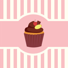 Cute striped poster design, menu, and advertisement, as well as a chocolate cupcake