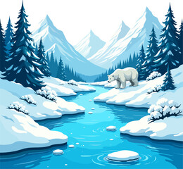Arctic river landscape with polar bears, icy streams, snowy mountains and winter forest scenery
