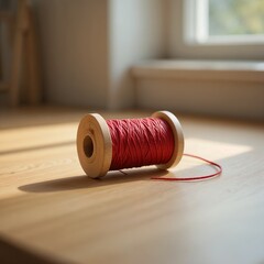 A single wooden thread spool with vibrant red cotton thread resting on a smooth