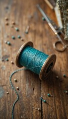 Overhead shot of a vintage metal thread spool with turquoise thread on a weathered oak desk