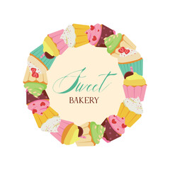 Round sticker or decoration layout for a pastry shop with a cupcake frame