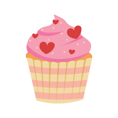 WebCute cupcake with pink cream and striped basket, decorated with edible red hearts. Romantic and simple decoration style, isolated