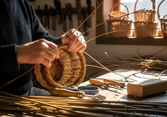 Artisan Weaving Basket in Cozy Workshop with Natural Light