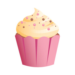 Cute cupcake with vanilla cream and a pink basket, decorated with edible pearls. Gradient-style design, cute design