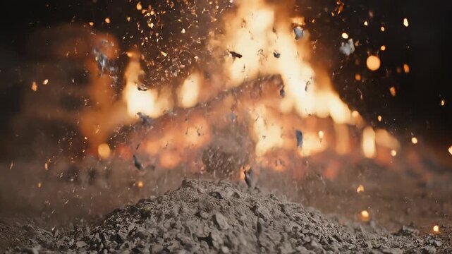 Intense Fireball Explosion Sends Debris Flying Embers Scatter Across Dark Background Fiery Blast Event with Flying Rocks and Smoke Clouds in Dramatic Low Light