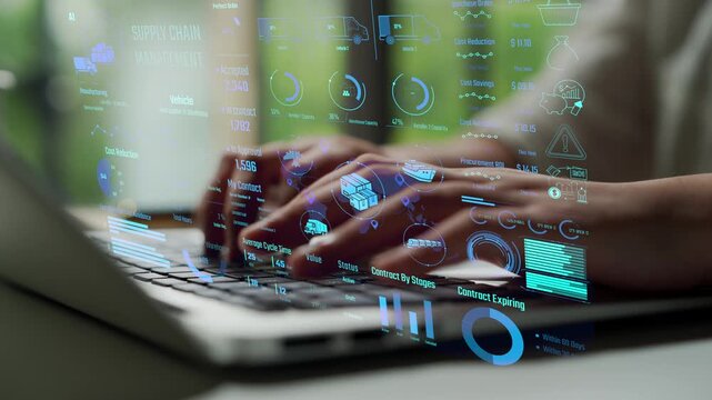 Supply chain management interface showing delivery routes, warehouse efficiency, cost savings, vehicle tracking, procurement ROI, and contract stages. Futuristic supply chain monitoring system. Thunk