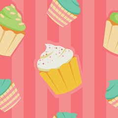 WebSeamless pattern with cupcakes for menu design, posters, pastry shop advertising, children's design, and gift packaging pink stripes decoration
