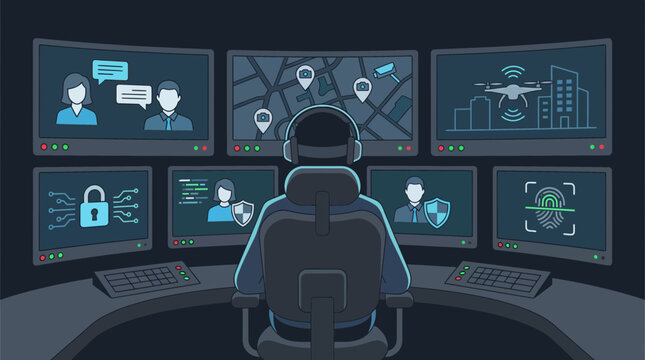 Security operations center analyst monitors screens showing cybersecurity and surveillance data, concept for data protection, threat monitoring and IT infrastructure management