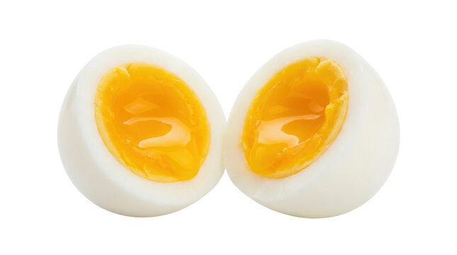 Soft boiled egg cut in half with runny yellow yolk isolated on transparent background view