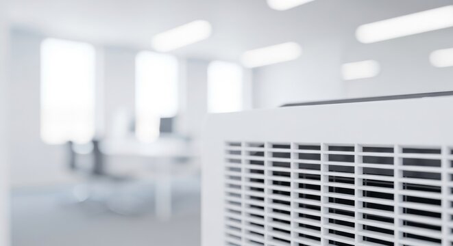 Modern office interior with air conditioner in foreground and blurred desks and windows