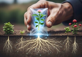 Hand Planting Seedling with Glowing Roots in Soil