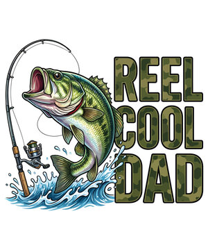 A playful illustration of a large fish on a fishing line with the phrase reel cool dad