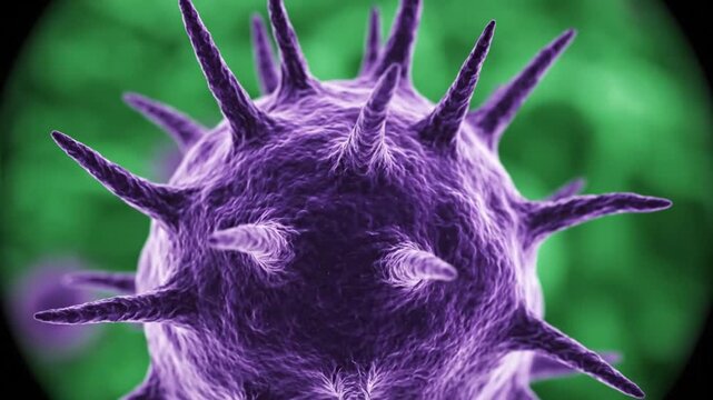 A video showcasing a microscopic view of a purple virus with spikes on its surface