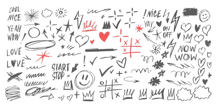 Hand-drawn scribble doodles and icons set with hearts, arrows, stars, smiley face, and text elements for creative design