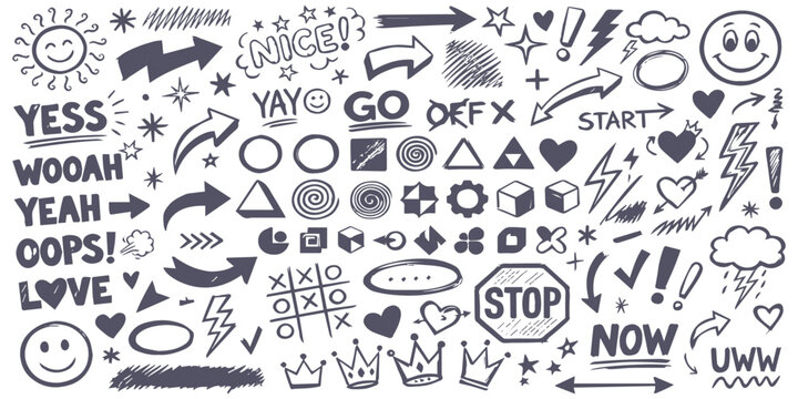 Collection of hand drawn doodle elements with arrows, smiley faces, hearts, and text for creative design projects