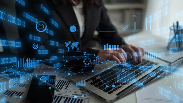 A professional businesswoman is engaged in data analysis, utilizing a laptop surrounded by digital graphs and charts that enhance her workplace efficiency and decision-making. Xenic