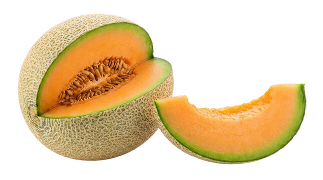 Cantaloupe melon sliced and whole with seeds isolated on transparent background healthy fruit