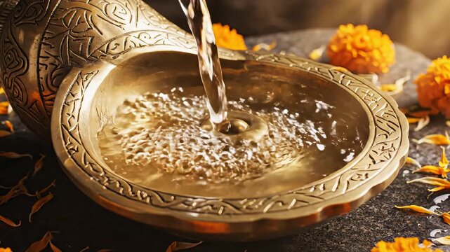 Ornate Brass Conch Shell Pouring Water into a Decorative Bowl Surrounded by Vibrant Orange Marigolds on a Textured Dark Surface with Dramatic Lighting