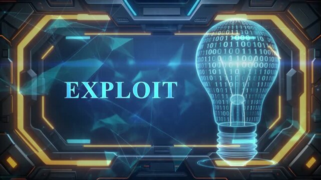 Digital light bulb filled with binary code and the word EXPLOIT in a futuristic frame exploit