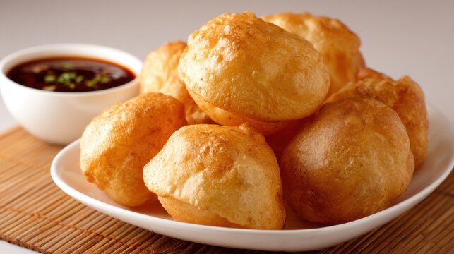 Crispy indian pani puri with spicy tamarind sauce on white plate.