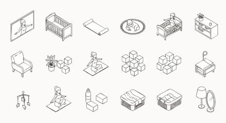 Fototapeta premium Isometric baby nursery furniture and accessories line art icon set. Essentials for newborn care, play, and sleep. Minimalist outline vector illustration for design.