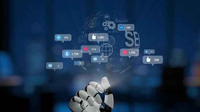 A robotic hand grasping a digital globe represents the evolution of social media interactions, showcasing various icons and notifications for modern connectivity. Synapse