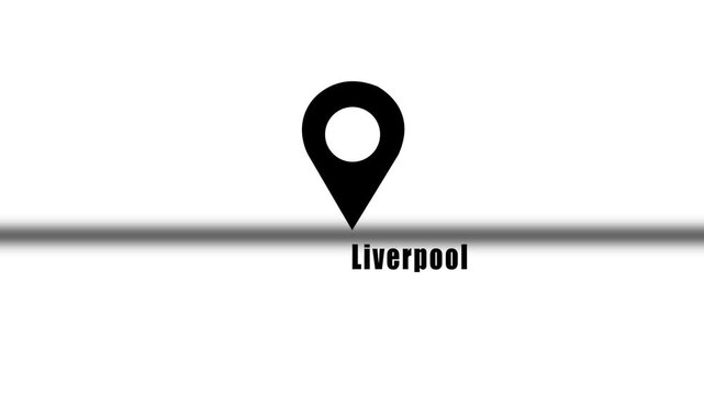 Liverpool Location Pin Animation Featuring A Black And White Map Pointer Icon For Navigation Tracking Travel Business And Sports Documentaries.
