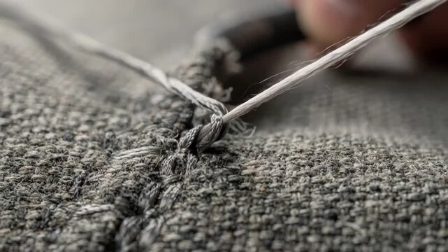 Closeup of thick bonded nylon thread being pulled tight for heavyduty upholstery projects emphasizing durability and strength in industrial stitching applications.