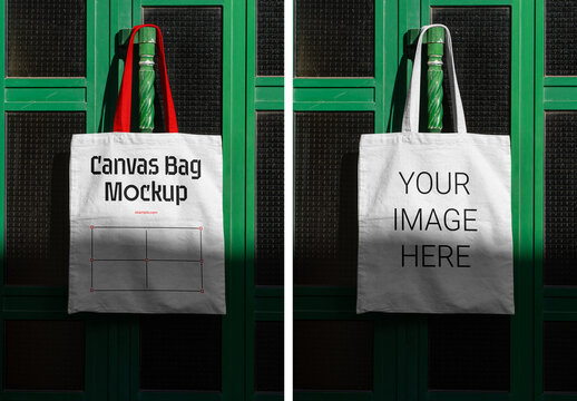 Tote Bag Hanging on Doors with Windows Mockup