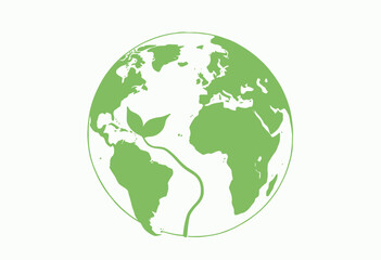 Fototapeta premium Illustration of a green Earth with continents outlined and a symbolic sprouting plant emphasizing global environmental sustainability and conservation.