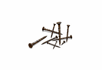 Detailed Illustration of Assorted Metal Screws with Spiral Threads on a White Background Depicting Various Sizes and Proportions