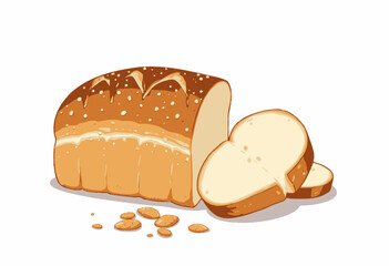 Sliced Artisan Bread Loaf with Golden Crust and Scattered Wheat Grains on a Clean White Surface Capturing Freshness and Baking Delight