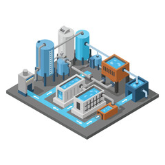 Isometric 3D Industrial Water Treatment Plant Facility.