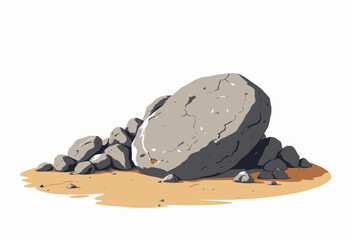 Large Round Boulder with Smaller Rocks on Sandy Ground Depicting Rugged Natural Landscape Illustration with Sunlight Shadows