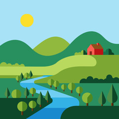 Obraz premium Red House in Green Landscape Illustration.