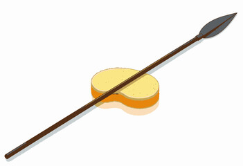 Illustration of a Sponge Placed Behind a Long Wooden Spear with Metal Tip on a Plain White Background