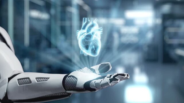 Close up of robot hand open palm of hand with heart hologram floating. Hand showing and holding heart holographic while connecting with medical data to diagnosis symptom. Genetic concept. Salubrious.