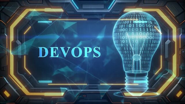 Digital light bulb with binary code and the word DEVOPS in a futuristic frame DEVOPS Development Operations
