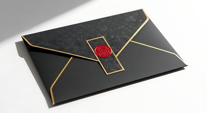 Elegant black envelope with gold accents and a red gemstone closure
