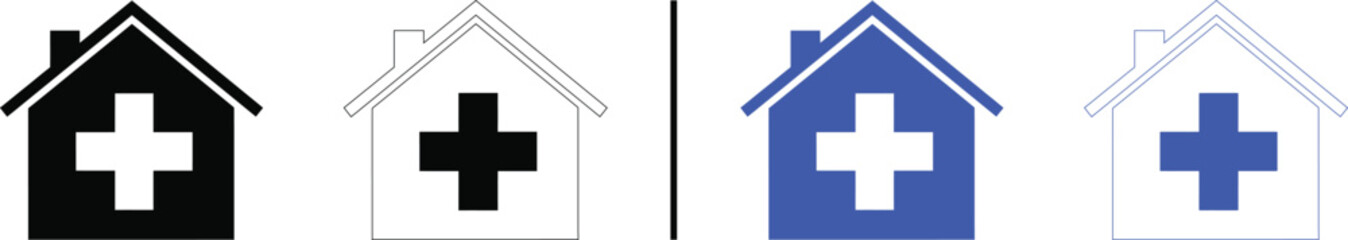 Obraz premium healthcare home icon isolated on white background, black and blue vector illustration of house with medical cross for home care, nursing, and first aid services.