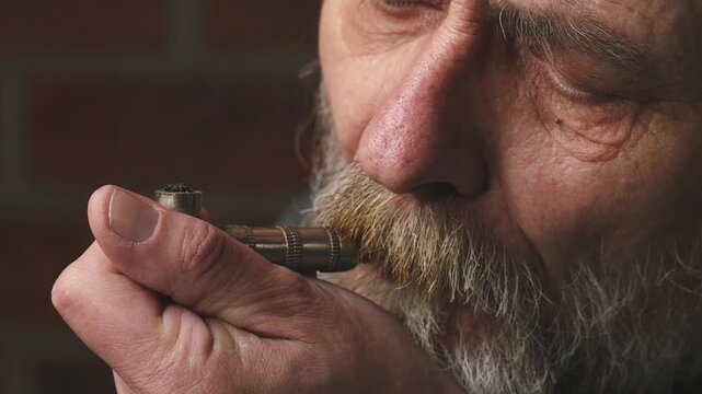 Older man smoking marijuana from metal pipe on balcony in detail video footage