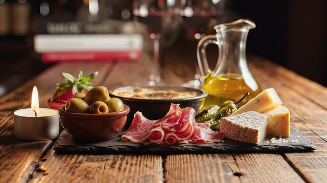 Delicious Spanish Tapas Platter with Wine and Olives on a Rustic Wooden Table