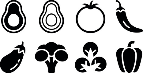 Collection of eight stylized black and white vegetable icons arranged in two rows for graphic design elements