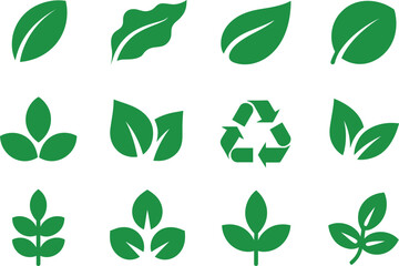 Collection of green ecofriendly leaf icons and recycling symbol isolated on transparent background